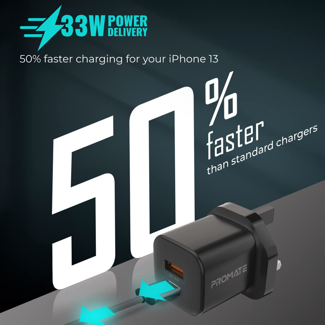 Promate 33W Power Delivery Ganfast USB and C Wall Charger with Surge Protection Black in Qatar Promate 33W Power Delivery Ganfast USB and C Wall Charger with Surge Protection Black in Qatar